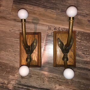 Set of 2 Vintage Wood/Brass Eagle Wall Hooks